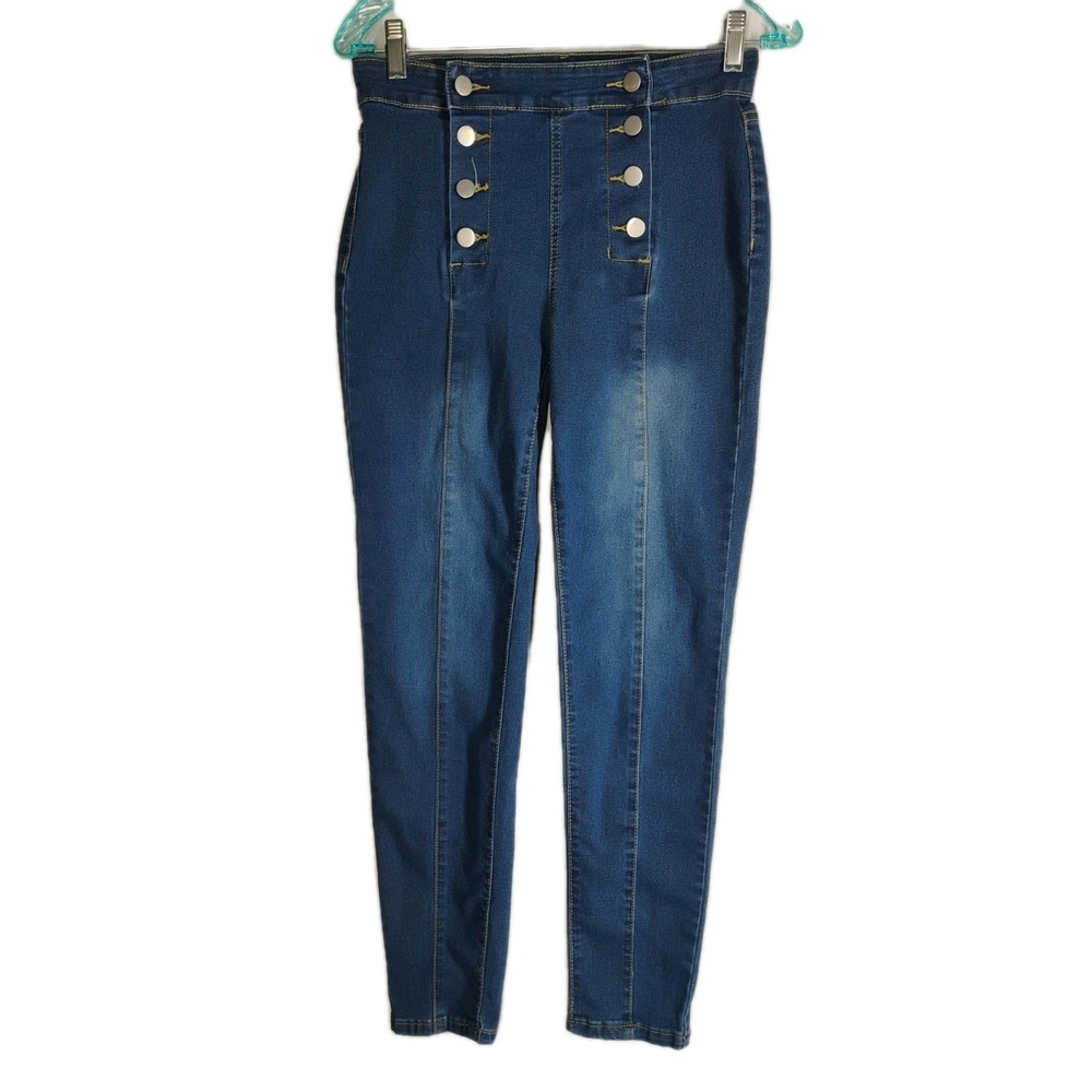 Unbranded Women's MEDIUM Dual Button Flap Closure Mid Rise Denim Blue Jeans - Picture 1 of 8